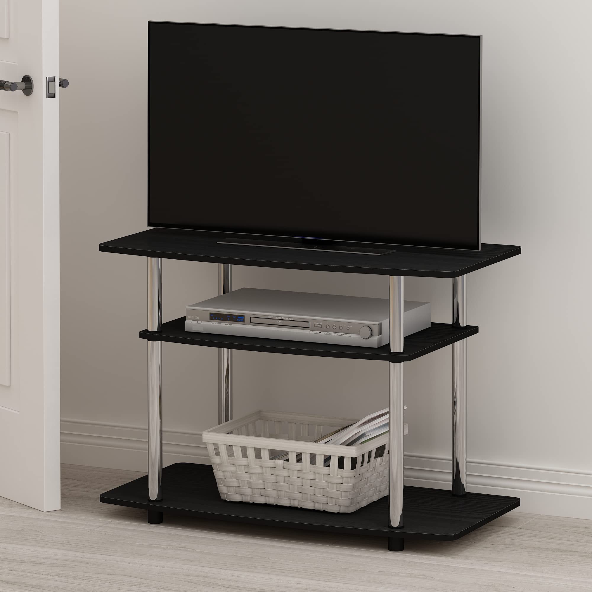 Furinno Turn-N-Tube No Tools 3-Tier Entertainment Center TV Stand for TV up to 32 Inch, Stainless Steel Tubes, Americano/Chrome