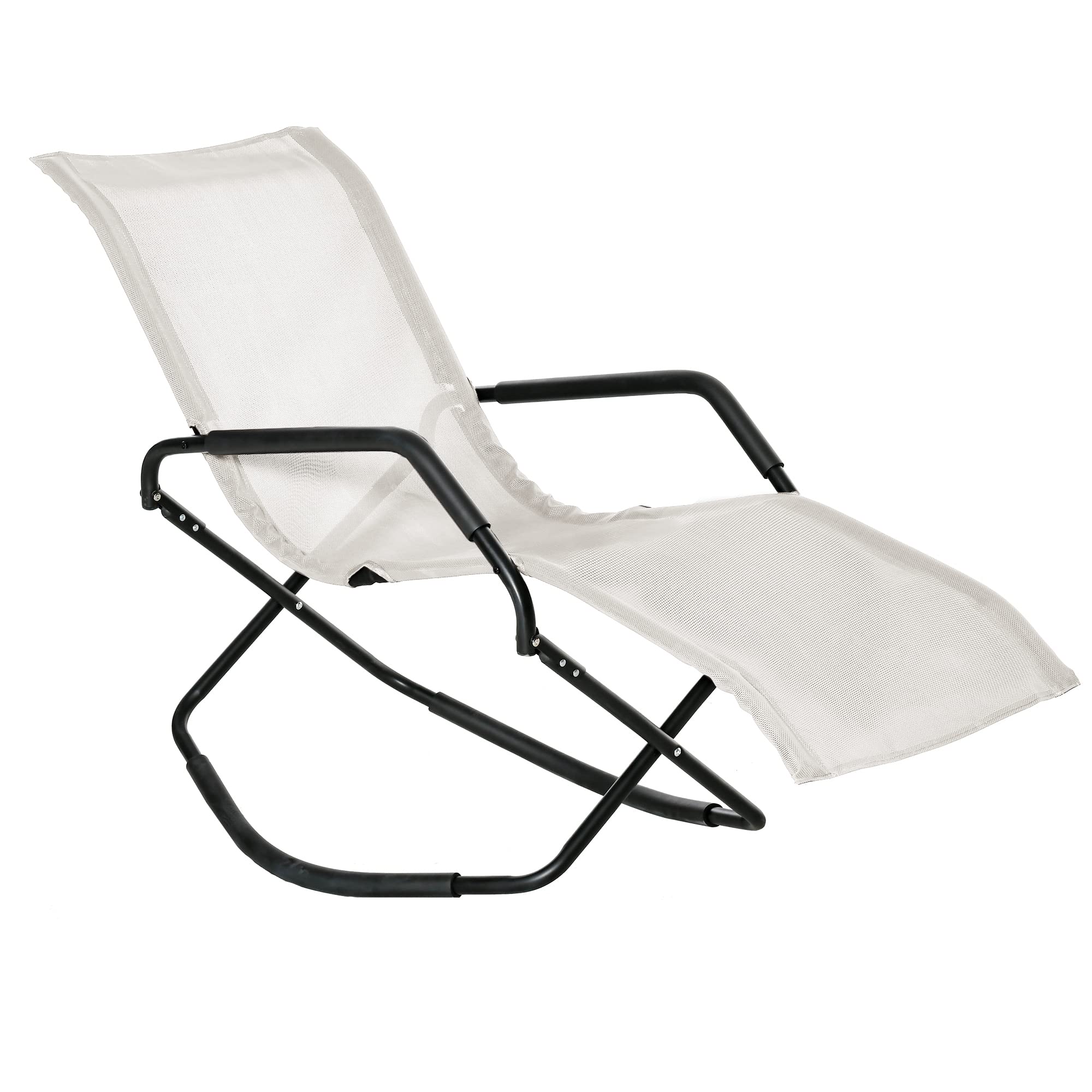 Outsunny Outdoor Folding Rocking Chair, Foldable Chaise Lounge Pool Chair with Armrests for Sun Tanning, Sunbathing, Rocker for Patio, Lawn, Beach, White