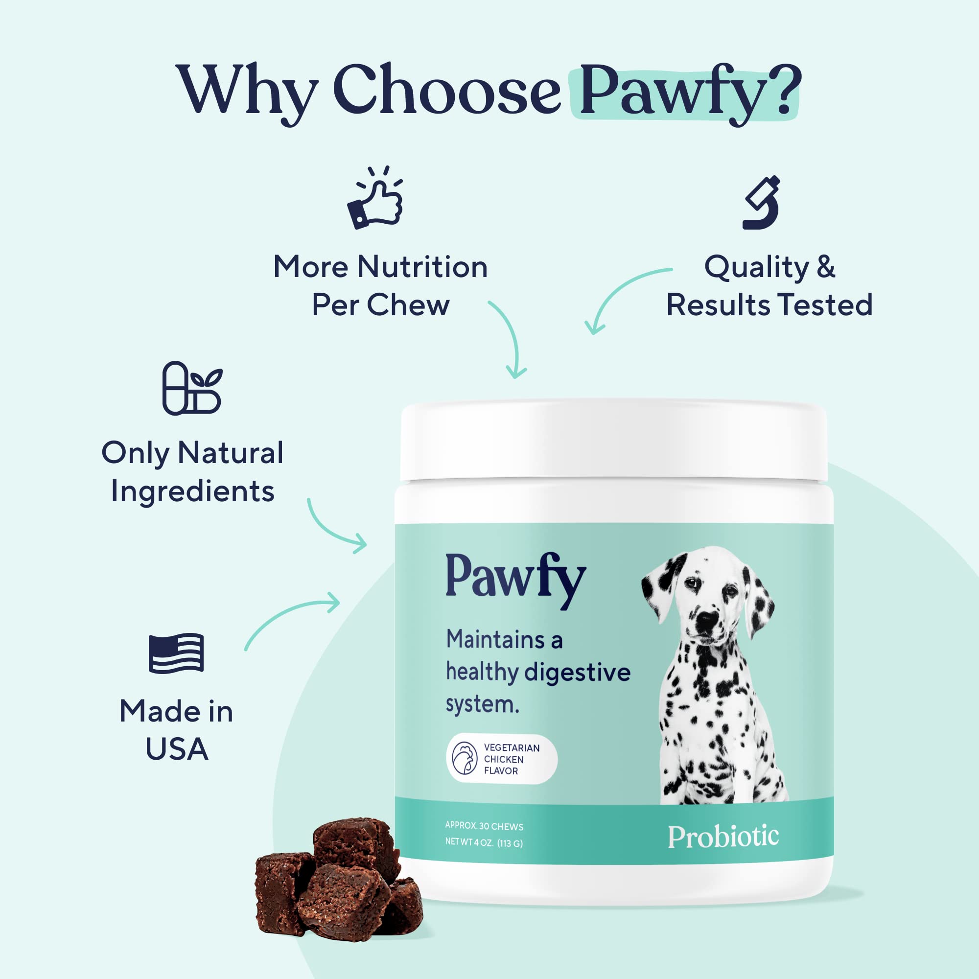 Pawfy Probiotics for Dogs | Dog Diarrhea Medication | Small and Large Dog Probiotics for Digestive Health | Improves Gut Health | Anti Yeast Supplements | Allergy and Itch Relief - 30 Tasty Chews