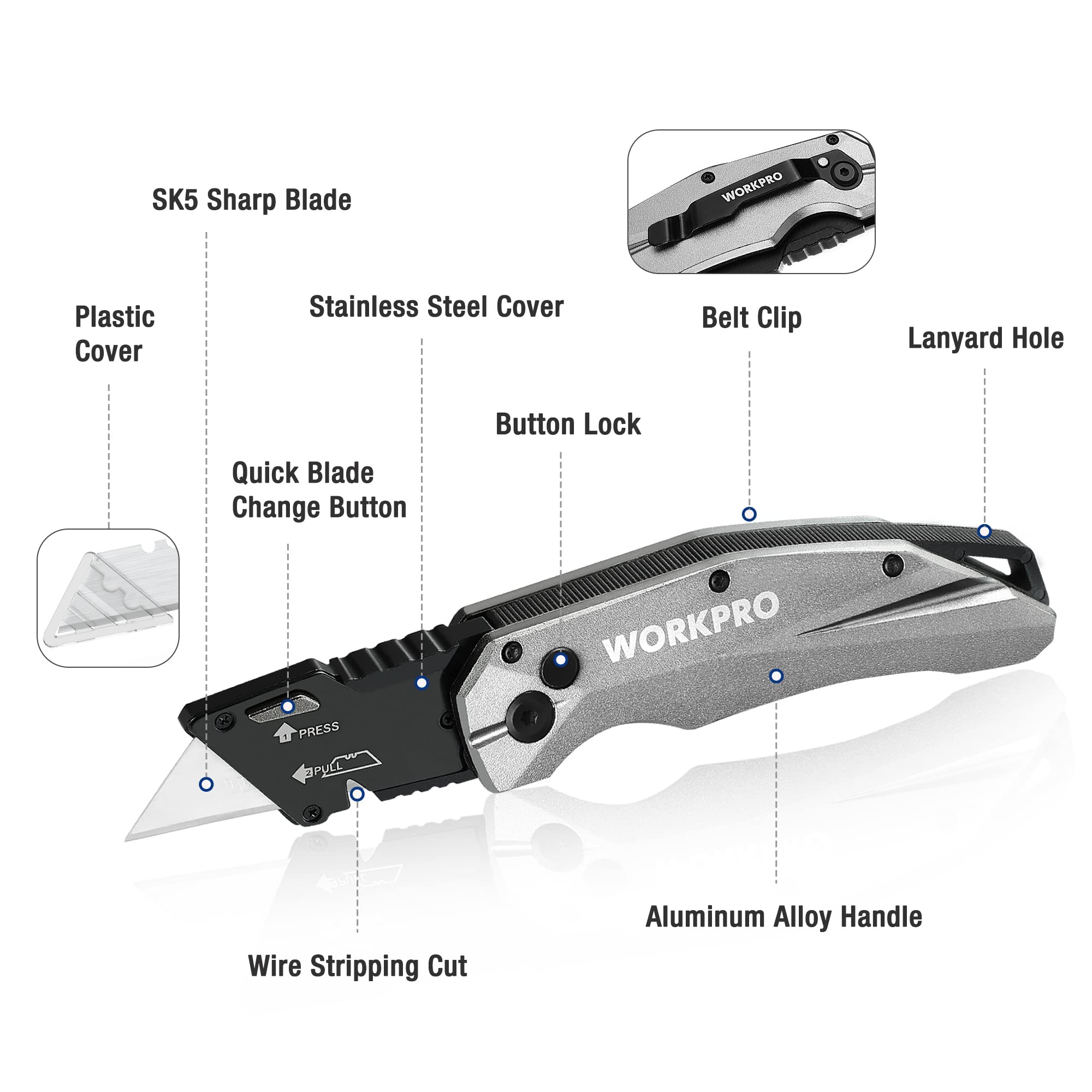 WORKPRO Folding Utility Knife, Heavy Duty Metal, Quick Open Axis Lock Box Cutter, Quick Change Blade Razor Knife, 1PC with 10 Extra SK5 Blades