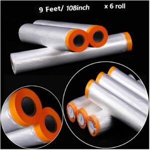 uyoyous 6 Rolls Plastic Painting Film, 9 x 67 ft Pre Taped Masking Paper, Plastic Masking Film, Tape and Drape Painters Paper Rolls for Automotive Furniture Painting Covering