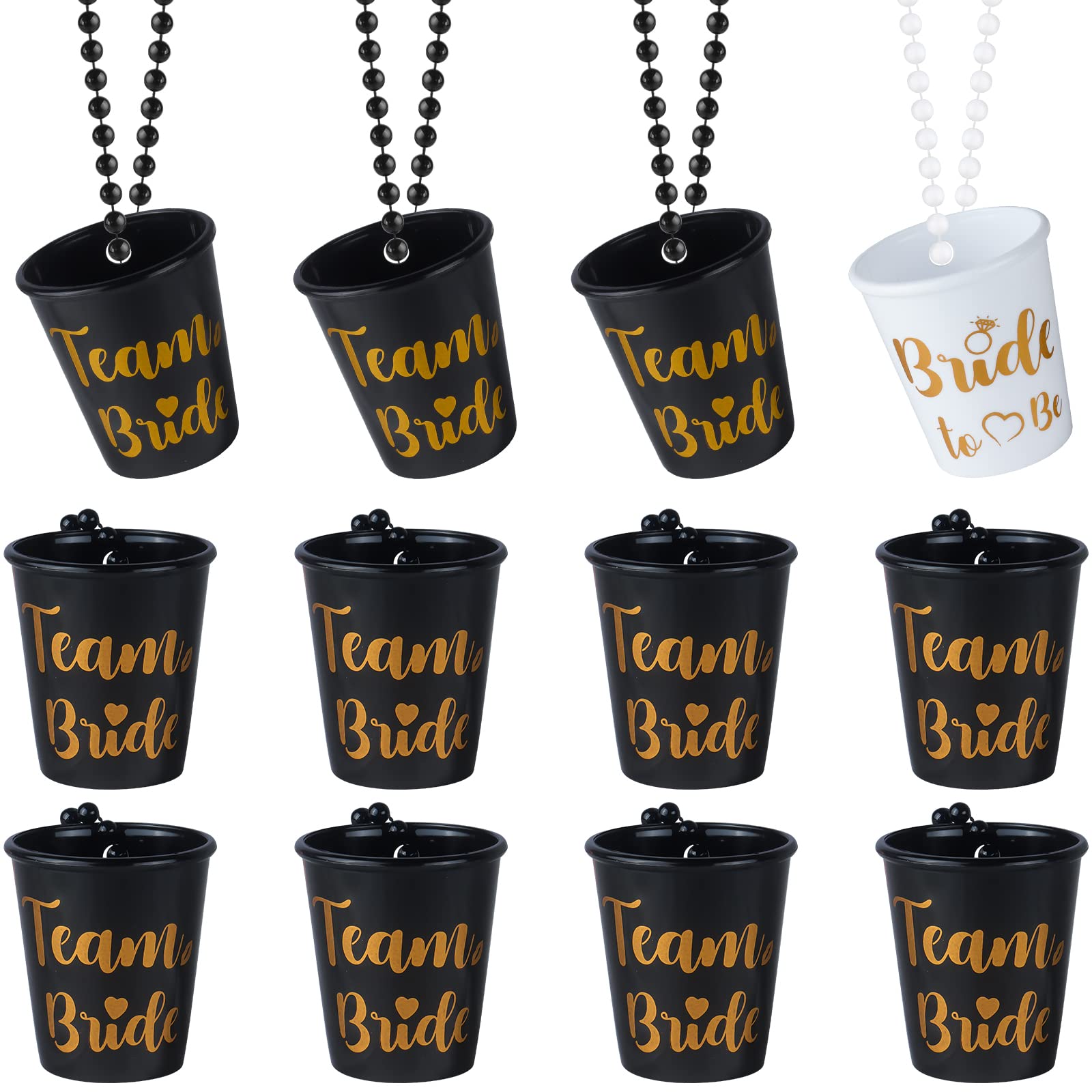 MGupzao Bachelorette Party Favors Shot Glass Necklace 12Pcs Bride to Be and Team Bride Cup Necklace with Plastic Beads for Bridal Shower Engagement Party Black and White