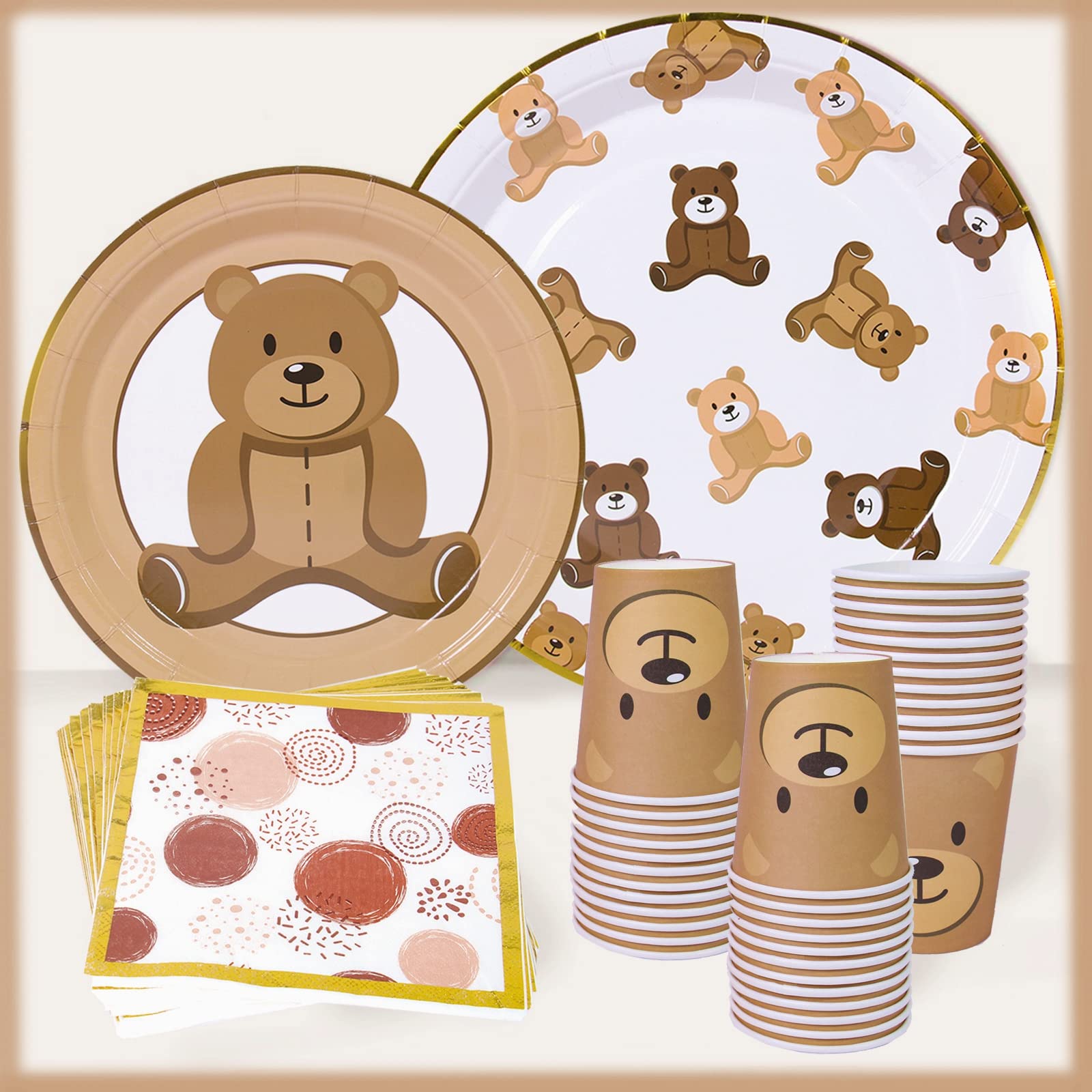 Brown Teddy Bear Baby Shower Plates - Teddy Bear Paper Plates,Disposable Cups,Napkin with Firework Pattern in Golden Border for 24 Teddy Bear Theme Party Supplies ,Baby Shower Wedding Birthday Party