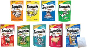 temptations cat treats temptations huge variety pack, all 9 flavors: chicken, medley, turkey, tuna, catnip fever, beef, surfer, cookout 1 pet paws notepad (9 bags total, 3 ounces each), 10 piece set