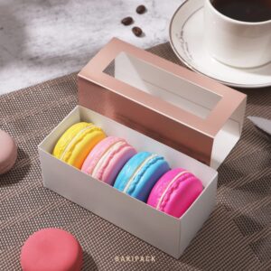 BAKIPACK 30 Macaron Boxes for 4 or 5 Macarons Rose Gold Macaron Gift Boxes, Candy Gift Boxes, Macarons Box with Clear Window (Interior Measurement 4.8" x 1.9" x 1.9" without Macaron inside)