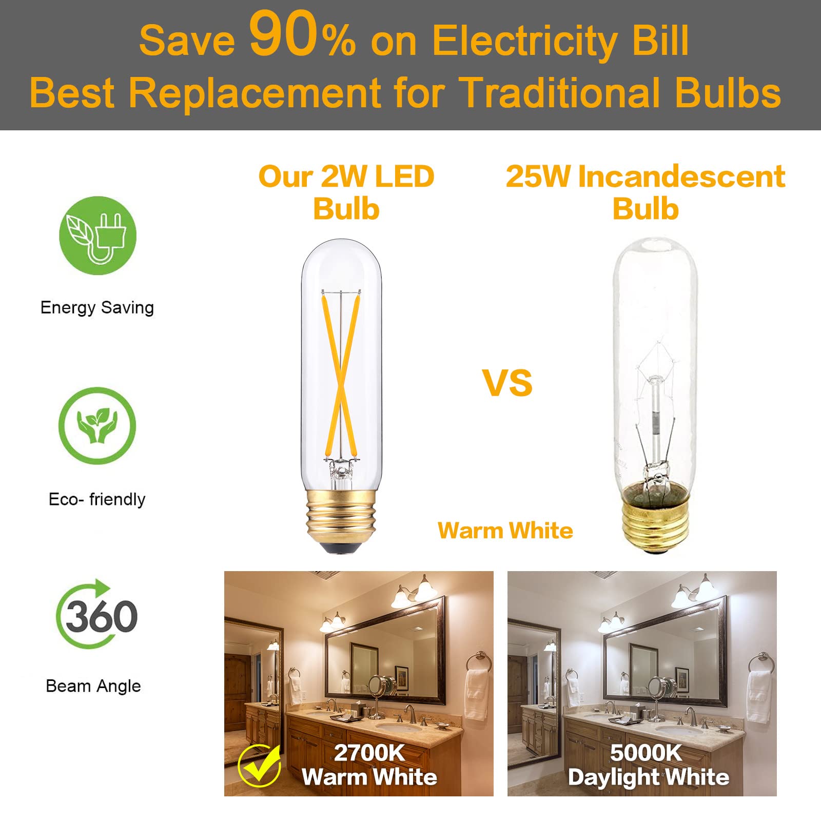 Dimmable 2W Tubular LED Bulbs, 2700K Warm White, Edison Style Filament Light Bulb, Vintage T10 Lamp Bulb 25 Watt Equivalent, E26 Medium Base 200LM,Clear Glass Cover,3Pack