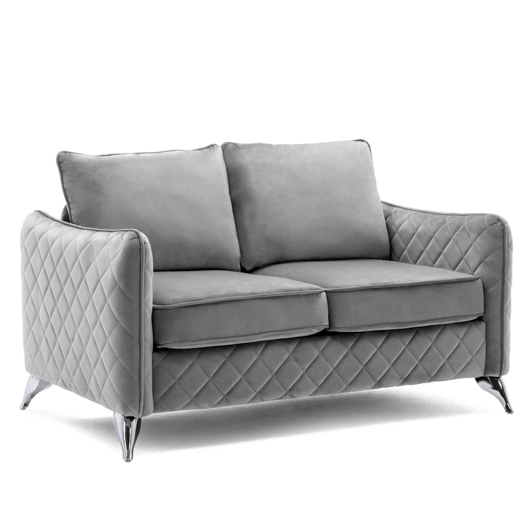 Artechworks Velvet Loveseat Sofa Couch Mid Century Modern, Tufted Upholstery, Reception Love Seats,2-Seat Chair Couch,Office,Home,Bedroom,Livingroom, Apartment, Silver Tone Metal Legs, Grey