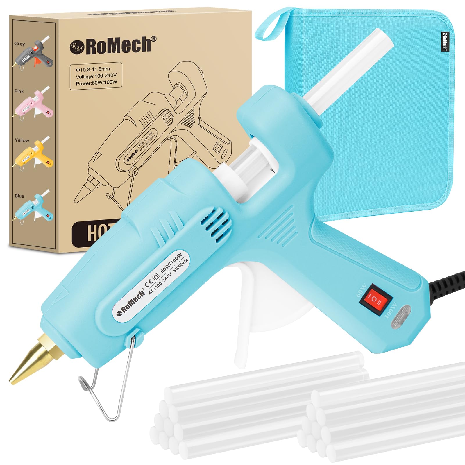 ROMECH Full Size Hot Glue Gun with 60/100W Dual Power and 21 Hot Glue Sticks (7/16"), Fast Preheating Heavy Duty Industrial Gluegun with Storage Case for Crafting, DIY and Repairs (Cyan)