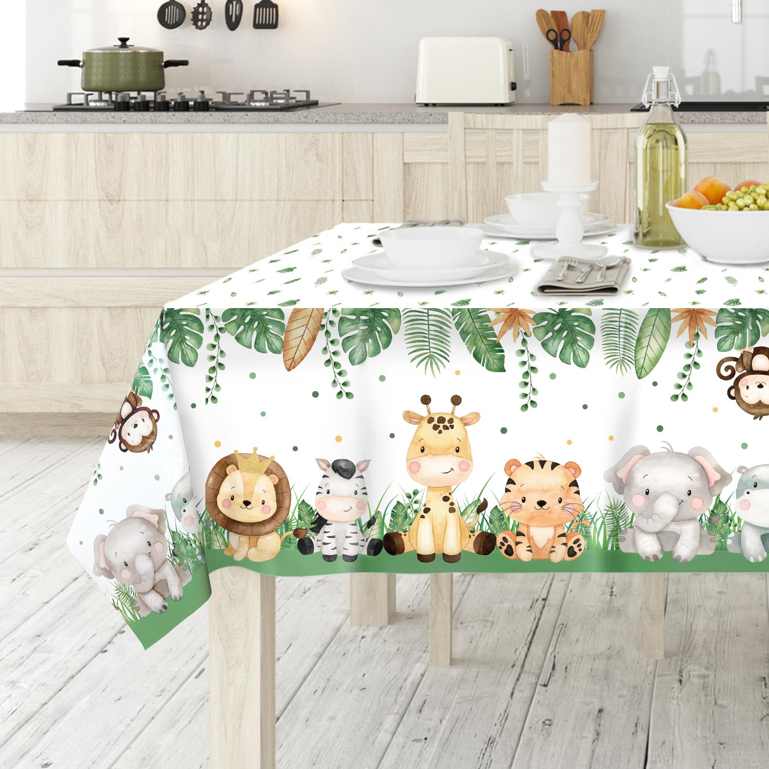 Lopeastar 3Pieces Jungle Safari Tablecloths Animal Print Table Cover, Sage Green Baby Shower Decorations Zoo Birthday Party Supplies for Boys Kids Plastic Table Cloth 108×54 Inch