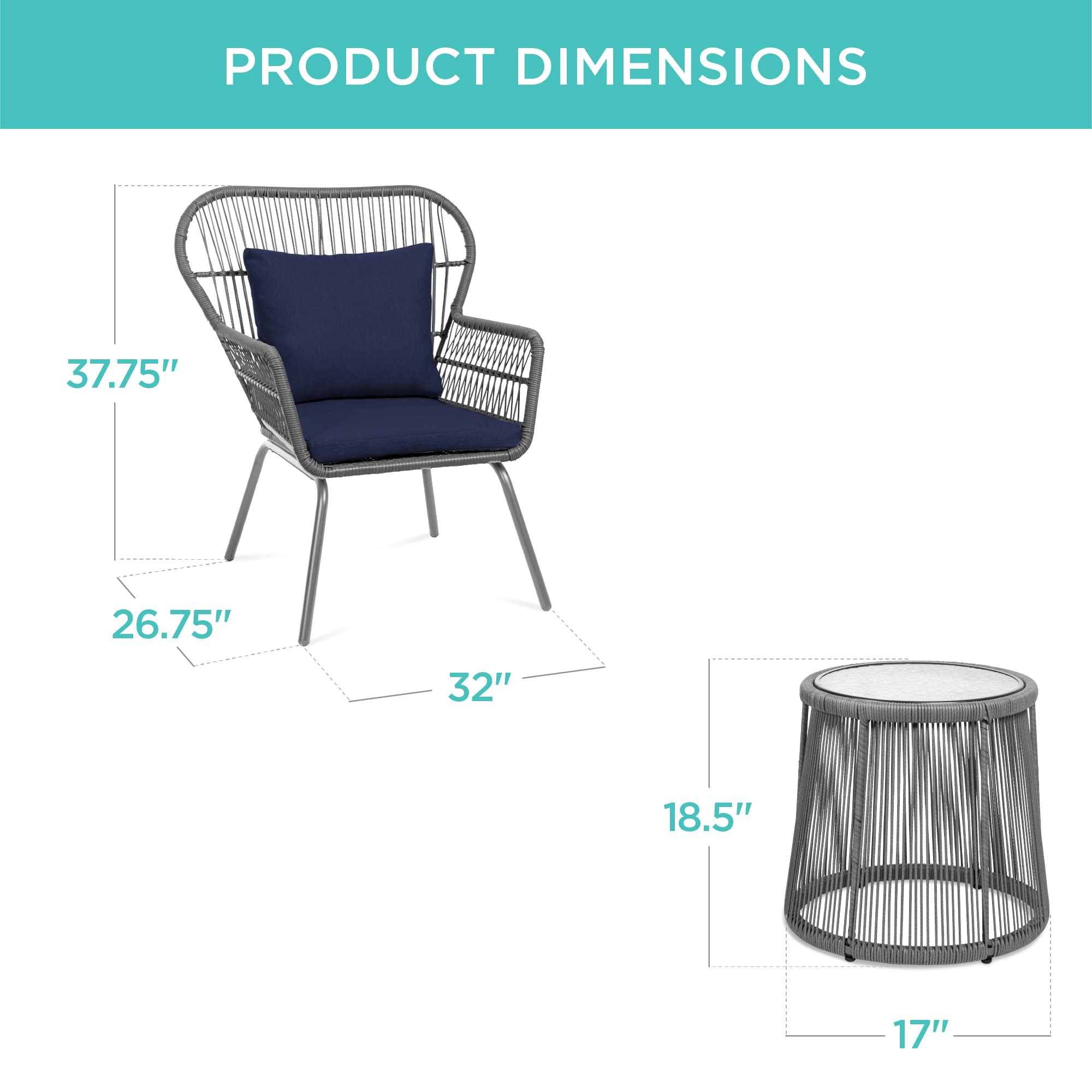 Best Choice Products 3-Piece Patio Conversation Bistro Set, Outdoor All-Weather Wicker Furniture for Porch, Backyard w/ 2 Wide Ergonomic Chairs, Cushions, Glass Top Side Table - Gray/Navy