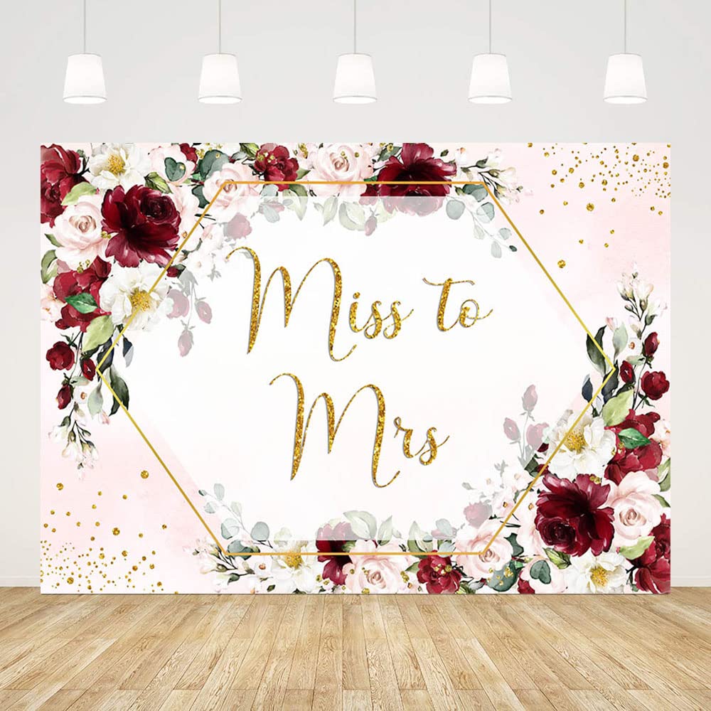 ABLIN 7x5ft Miss to Mrs Backdrop for Bridal Shower Burgundy Red Flowers Photography Background Wedding Bridal Shower Decorations Bride to Be Engagement Party Banner Props