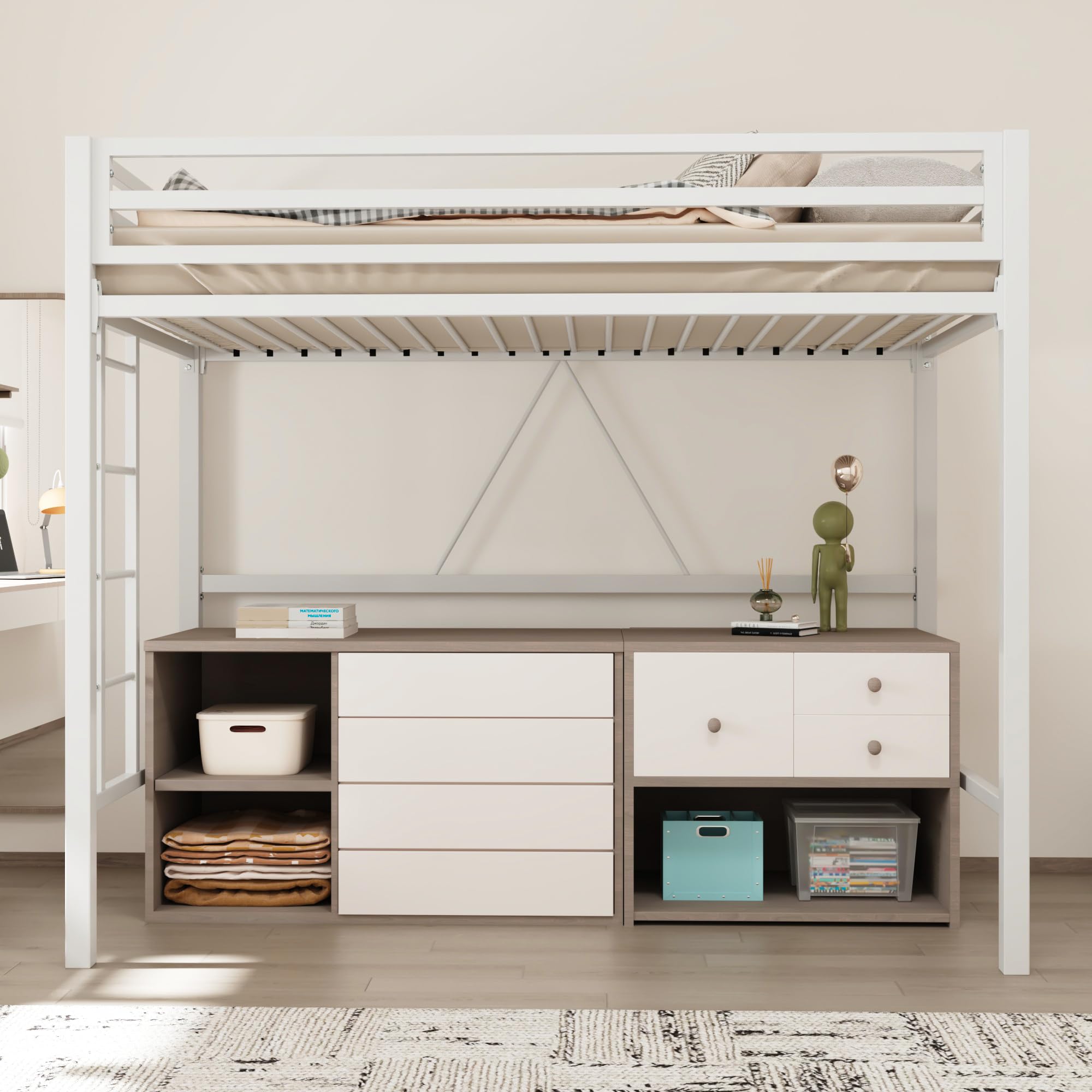 Allewie Metal Loft Bed Twin Size with Full Length Guardrail, Space-Saving Design for Dorm, No Box Spring Needed, Matte White