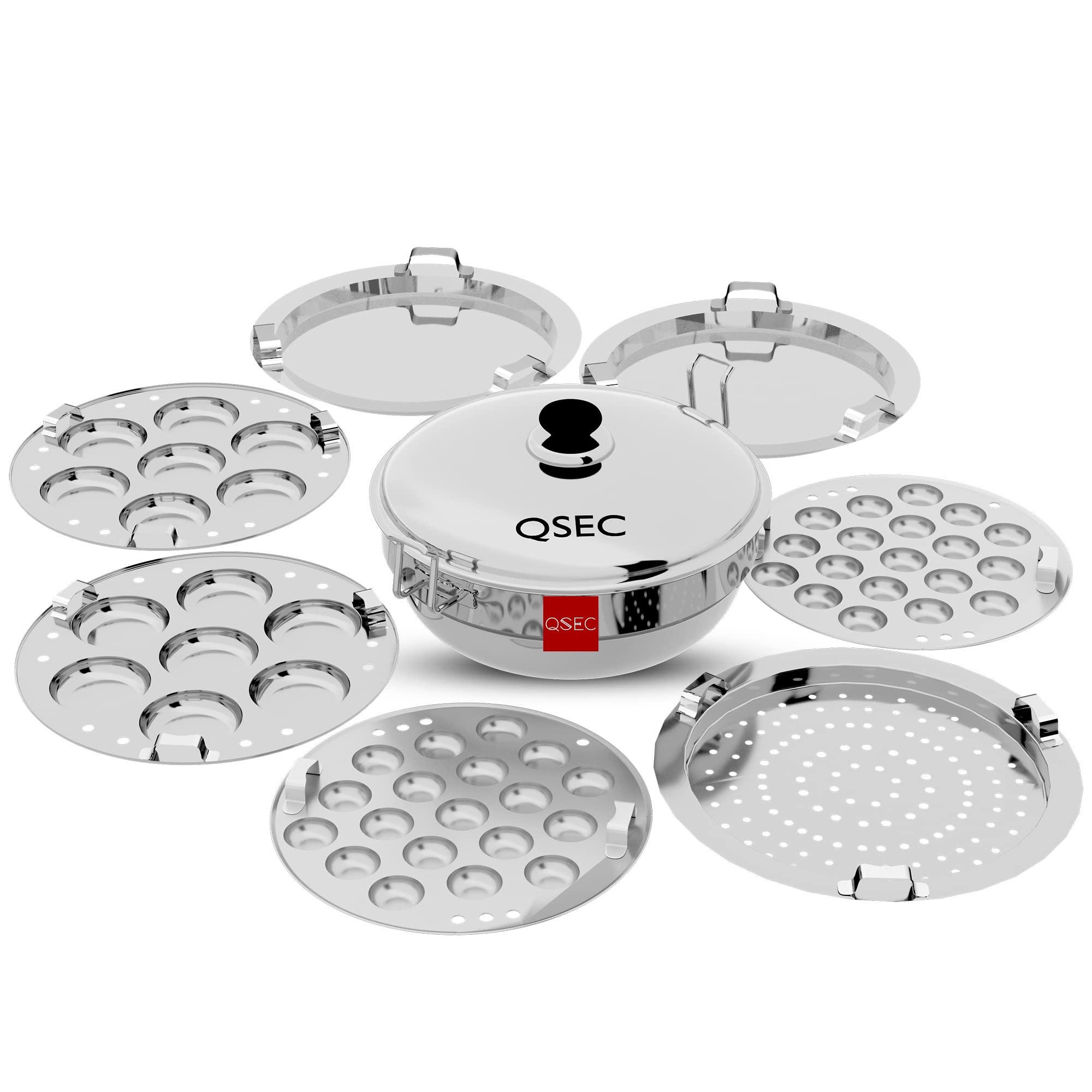 QSEC Stainless Steel Induction Base Idli Maker Multi Kadai Idli Steamer & Idli Cooker With 7 Plates | 2 Mini Idli | 2 Idli | 2 Dhokla | 1 Momo, 4 Literâ€¦