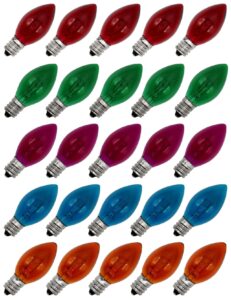 creative hobbies 25 pack c7 transparent multicolor christmas light bulbs - 7w steady burning incandescent, nickel plated candelabra base, extended life