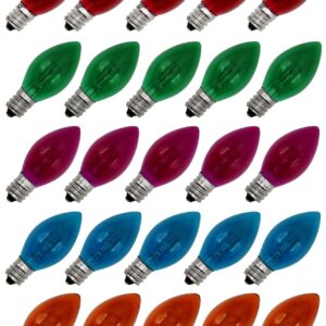 Creative Hobbies 25 Pack C7 Transparent Multicolor Christmas Light Bulbs - 7W Steady Burning Incandescent, Nickel Plated Candelabra Base, Extended Life