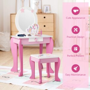 MAT EXPERT Kids Vanity Set with Stool & Mirror, Toddler Girls Pretend Play Vanity w/Detachable Mirror, Princess Dressing Makeup Table Set w/Drawer, Makeup Table and Stool Playset for Girls (Pink)