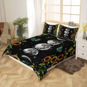 Sunflower Bedding Set Queen Size,Moon Planet Starry Sky Galaxy Universe Duvet Cover with 2 Pillowcases,Floral Trippy Comforter Cover for Kids Teens Boys Girls Adults Room Decor,Soft Black Quilt Cover