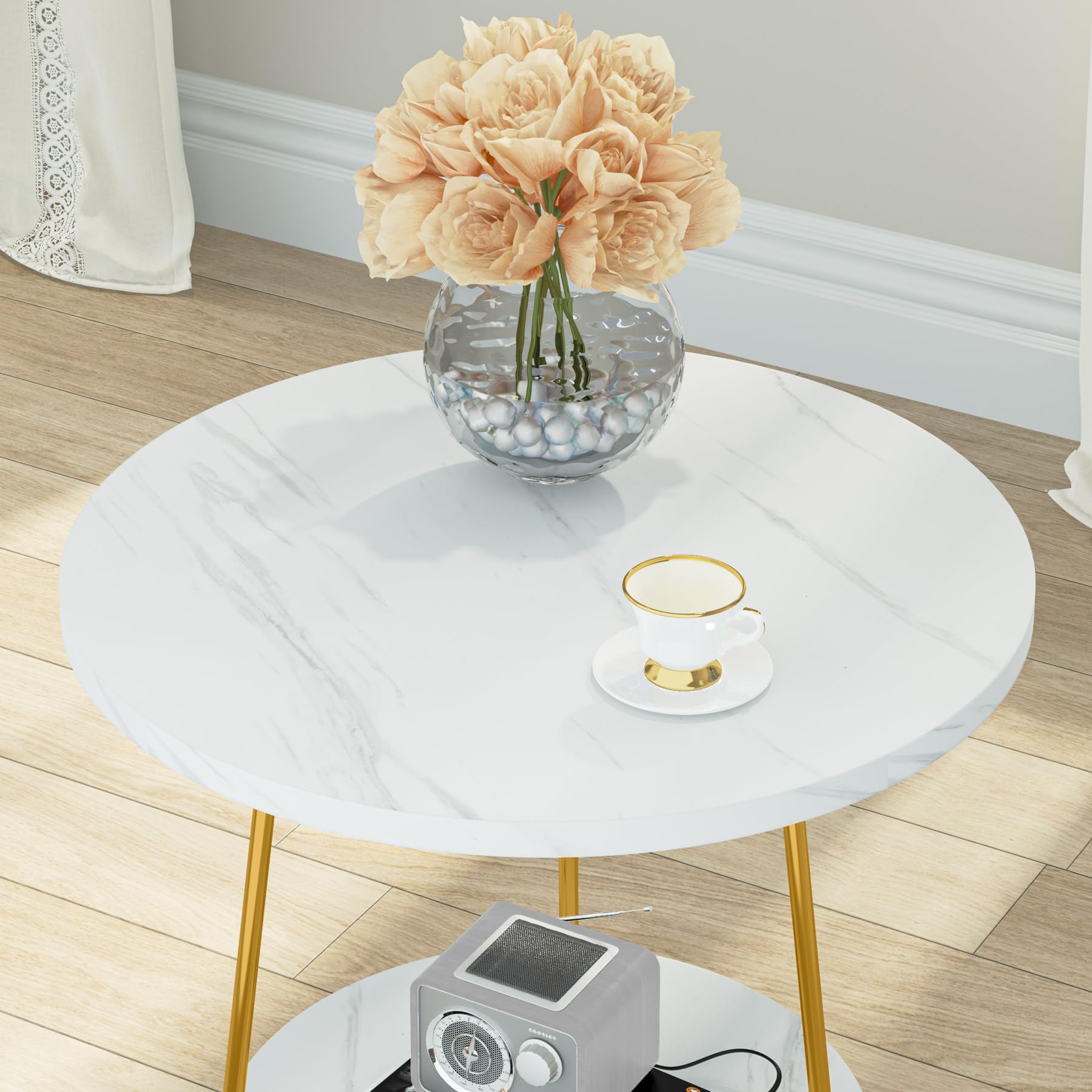 Tribesigns Faux Marble End Table, 2 Tier Round Side Table with Shelves, Modern Gold Nightstand Bedside Table Small Coffee Accent Table for Living Room Bedroom, White and Gold