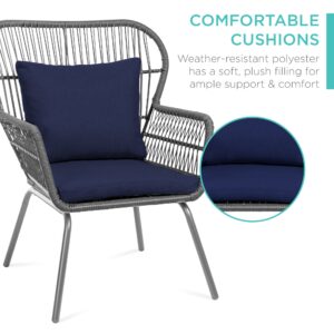 Best Choice Products 3-Piece Patio Conversation Bistro Set, Outdoor All-Weather Wicker Furniture for Porch, Backyard w/ 2 Wide Ergonomic Chairs, Cushions, Glass Top Side Table - Gray/Navy