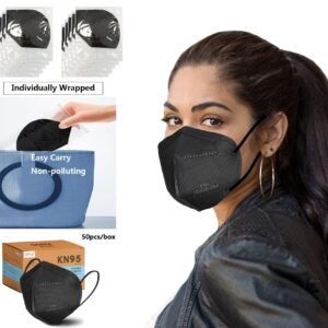 Edith qi KN95 Face Masks 50 PCS, Individually Wrapped, 5 Ply Black Disposable KN95 Masks for Adults Filter Efficiency 95%, Protection against PM 2.5 Smoke Particles