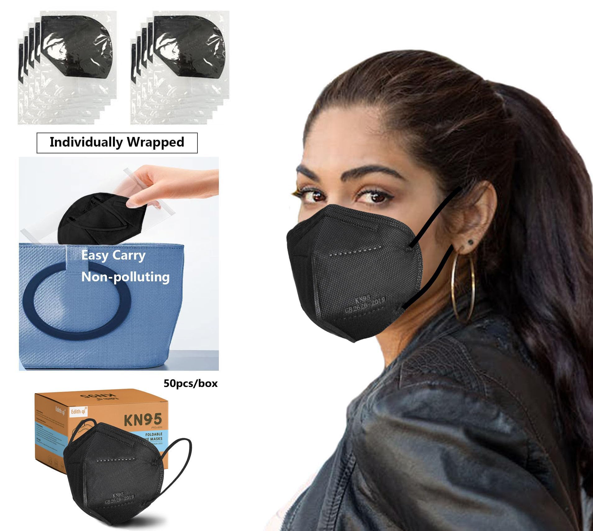 Edith qi KN95 Face Masks 50 PCS, Individually Wrapped, 5 Ply Black Disposable KN95 Masks for Adults Filter Efficiency 95%, Protection against PM 2.5 Smoke Particles