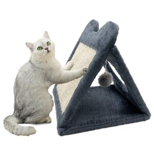 fhiny triangle cat scratching post, natural sisal cat standing scratch board with hanging plush ball toy pet cave nest indoor cats pads activity center for keeping away from furniture