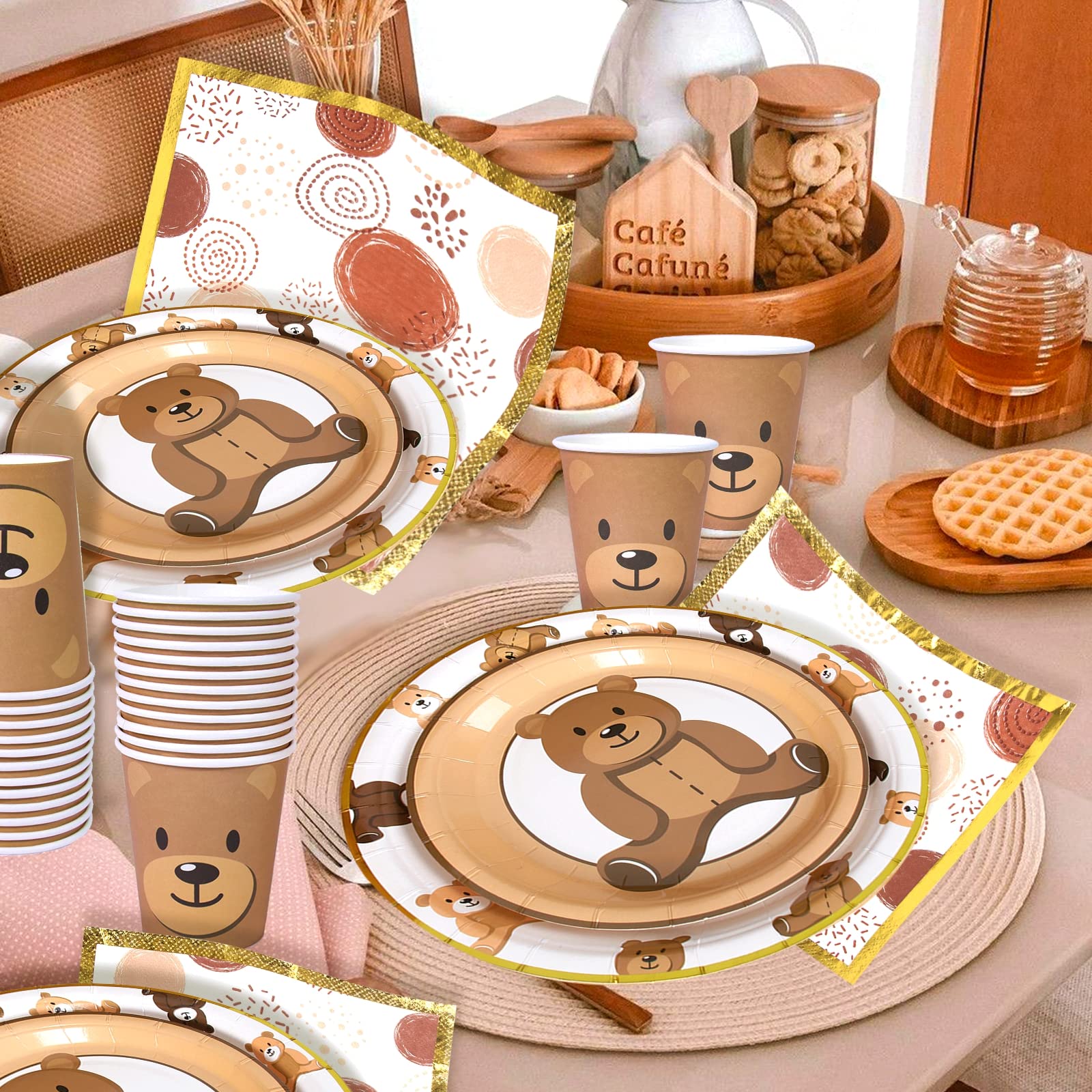 Brown Teddy Bear Baby Shower Plates - Teddy Bear Paper Plates,Disposable Cups,Napkin with Firework Pattern in Golden Border for 24 Teddy Bear Theme Party Supplies ,Baby Shower Wedding Birthday Party