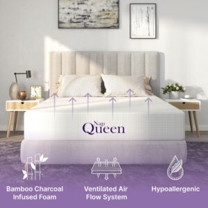 NapQueen 10 Inch Queen Size Mattress, Bamboo Charcoal Memory Foam Mattress, Bed in a Box, White