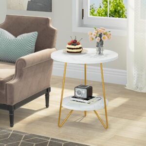 Tribesigns Faux Marble End Table, 2 Tier Round Side Table with Shelves, Modern Gold Nightstand Bedside Table Small Coffee Accent Table for Living Room Bedroom, White and Gold