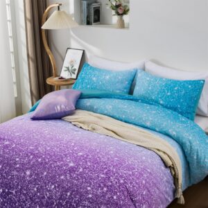 Holawakaka Kids Space Star Glitter Comforter Set Queen Size Girls Ombre Blue & Purple Print Gradient Teens Bedding Set Teens Galaxy Bed Sets (Blue purple, Full)