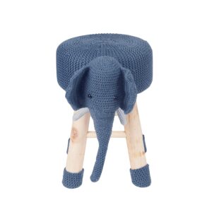 AC Pacific Woodland Elephant Stool for Kids, Animal Themed Wooden Ottoman Chair with Soft Plush Fabric, Sturdy Pine Wood Legs, Ideal for Playrooms, Nurseries or Living Rooms, Navy Blue