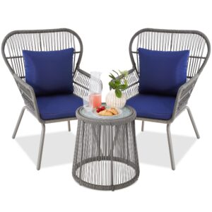 best choice products 3-piece patio conversation bistro set, outdoor all-weather wicker furniture for porch, backyard w/ 2 wide ergonomic chairs, cushions, glass top side table - gray/navy