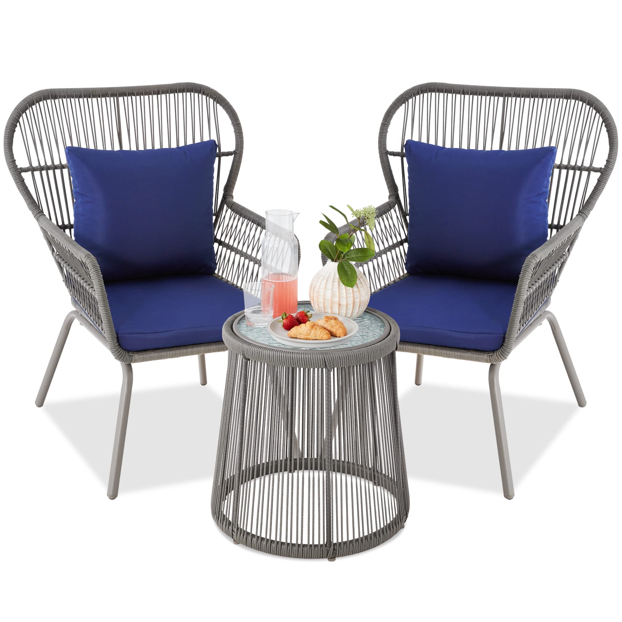 Best Choice Products 3-Piece Patio Conversation Bistro Set, Outdoor All-Weather Wicker Furniture for Porch, Backyard w/ 2 Wide Ergonomic Chairs, Cushions, Glass Top Side Table - Gray/Navy