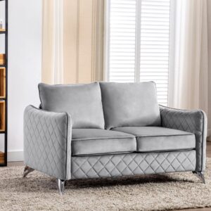 Artechworks Velvet Loveseat Sofa Couch Mid Century Modern, Tufted Upholstery, Reception Love Seats,2-Seat Chair Couch,Office,Home,Bedroom,Livingroom, Apartment, Silver Tone Metal Legs, Grey