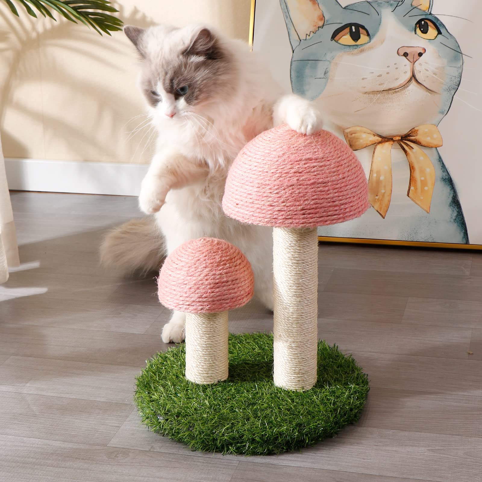 Lihaobm Cat Scratching Post - Mushroom Cat Scratcher Featuring with Natural Sisal Caps Scratch Pole and Sturdy Base for Kittens & Small Cats - Pink