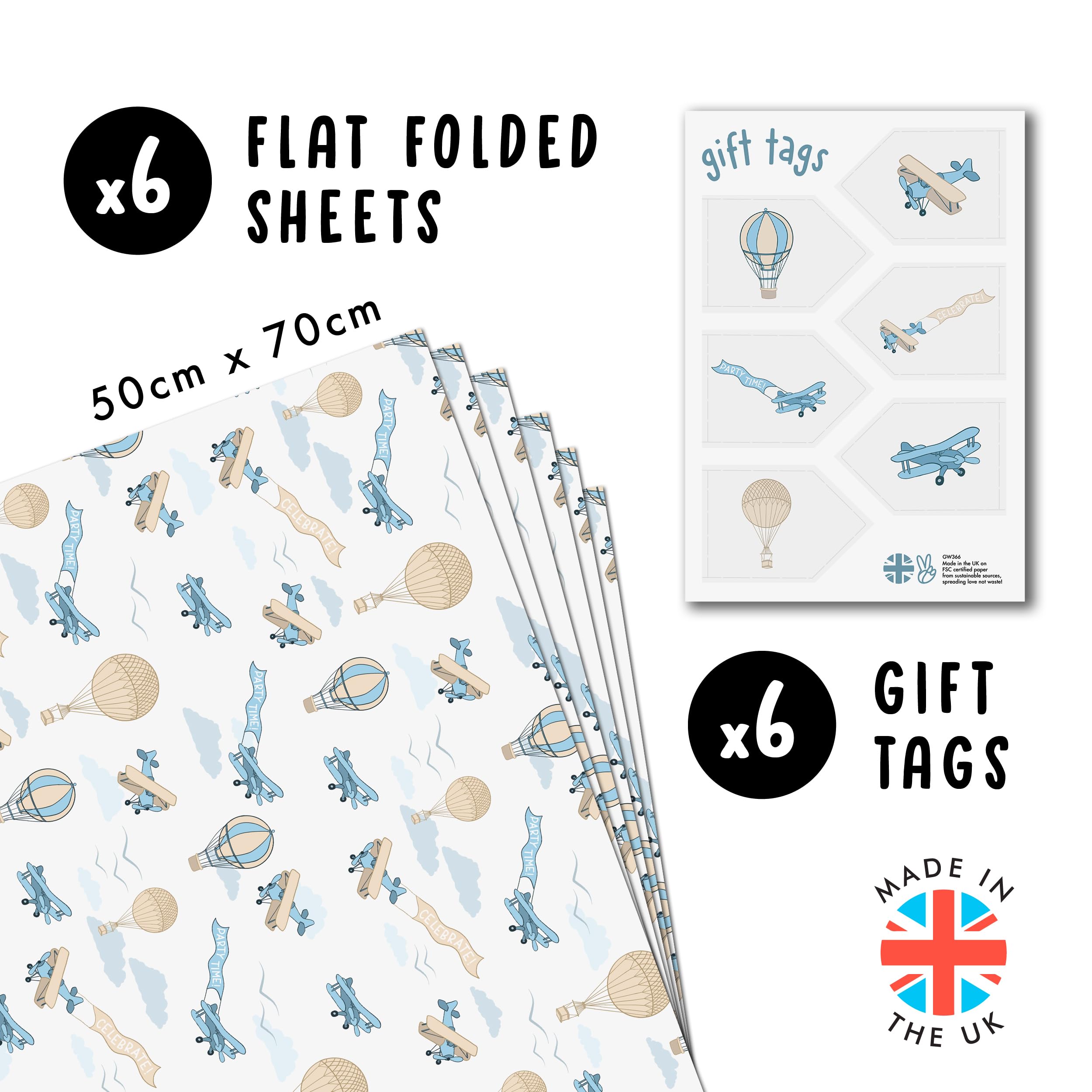 Airplanes Wrapping Paper for Boys - 6 Sheets of Retro Gift Wrap for Him - Hot Air Balloons - Pastel Blue - Planes - Birthday - Bridal Shower - Christmas - For Kids Children - Made in the UK