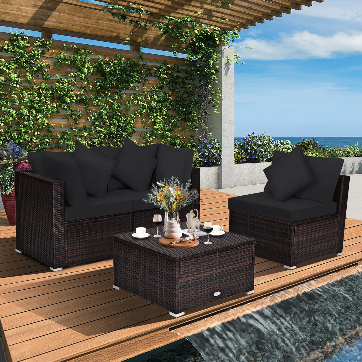 Tangkula 4 PCS Patio Rattan Sofa Set, Outdoor Wicker Sectional Furniture Set, Patio Conversation Set with Removable Cushions & Pillows for Backyard Porch Garden Poolside Balcony (Black)