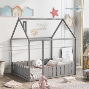 meritline house bed full size playhouse bed frame with roof full kids bed for girls boys, box spring needed, grey