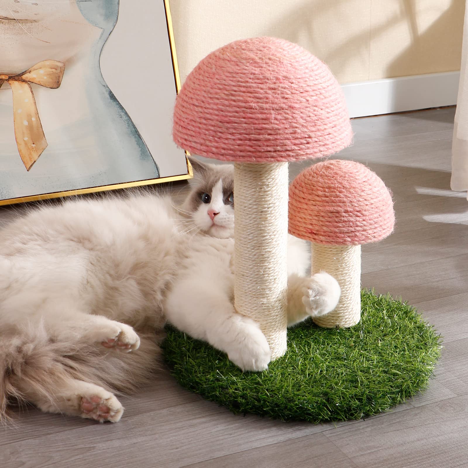 Lihaobm Cat Scratching Post - Mushroom Cat Scratcher Featuring with Natural Sisal Caps Scratch Pole and Sturdy Base for Kittens & Small Cats - Pink