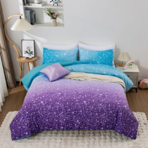 Holawakaka Kids Space Star Glitter Comforter Set Queen Size Girls Ombre Blue & Purple Print Gradient Teens Bedding Set Teens Galaxy Bed Sets (Blue purple, Full)