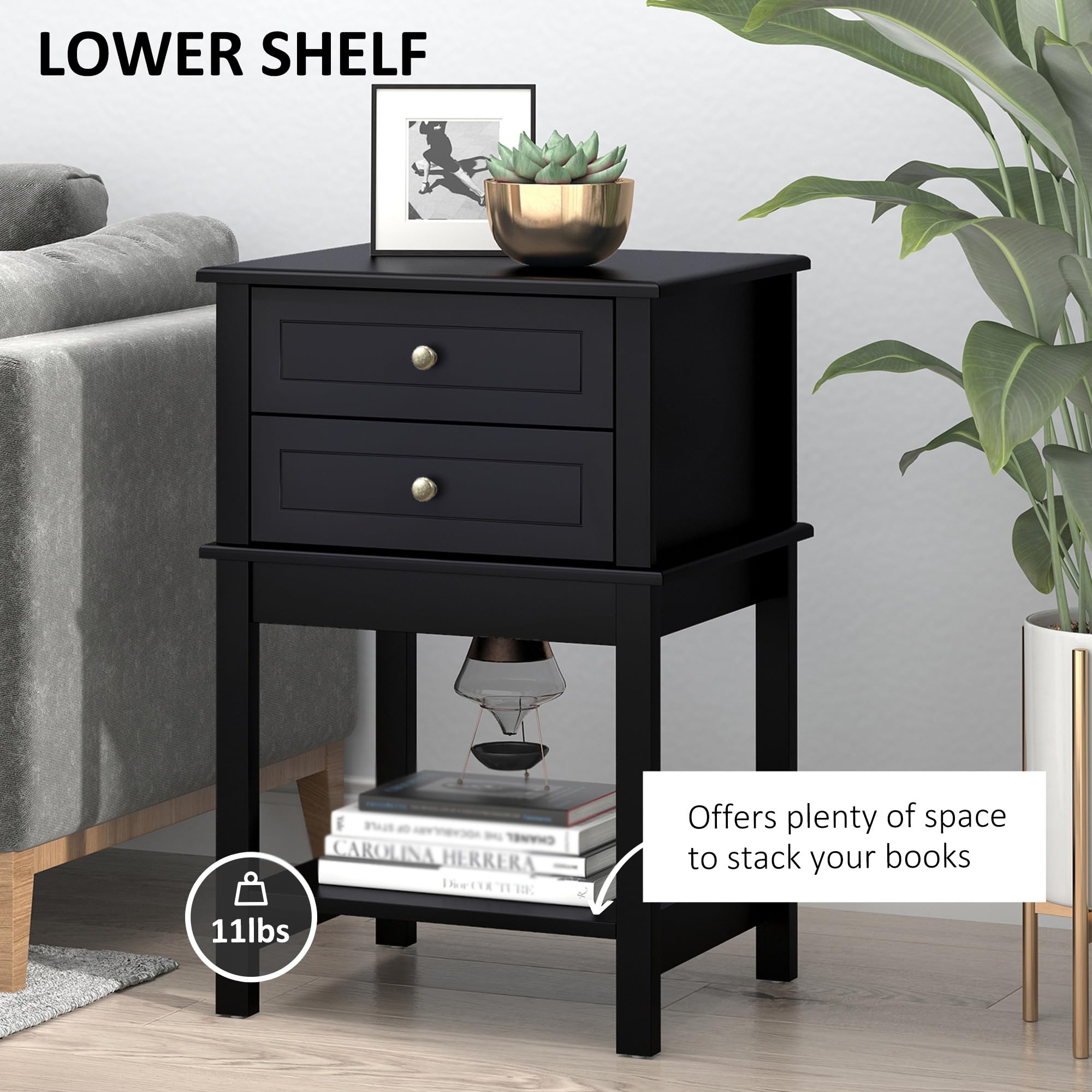 HOMCOM Side Table with 2 Storage Drawers, Modern End Table with Bottom Shelf for Living Room, Home Office, Black