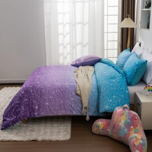 Holawakaka Kids Space Star Glitter Comforter Set Queen Size Girls Ombre Blue & Purple Print Gradient Teens Bedding Set Teens Galaxy Bed Sets (Blue purple, Full)