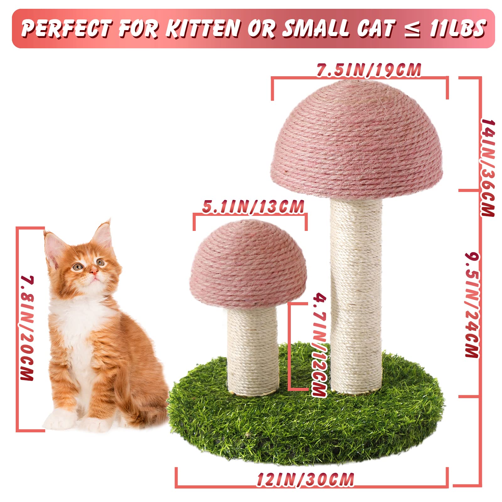 Lihaobm Cat Scratching Post - Mushroom Cat Scratcher Featuring with Natural Sisal Caps Scratch Pole and Sturdy Base for Kittens & Small Cats - Pink