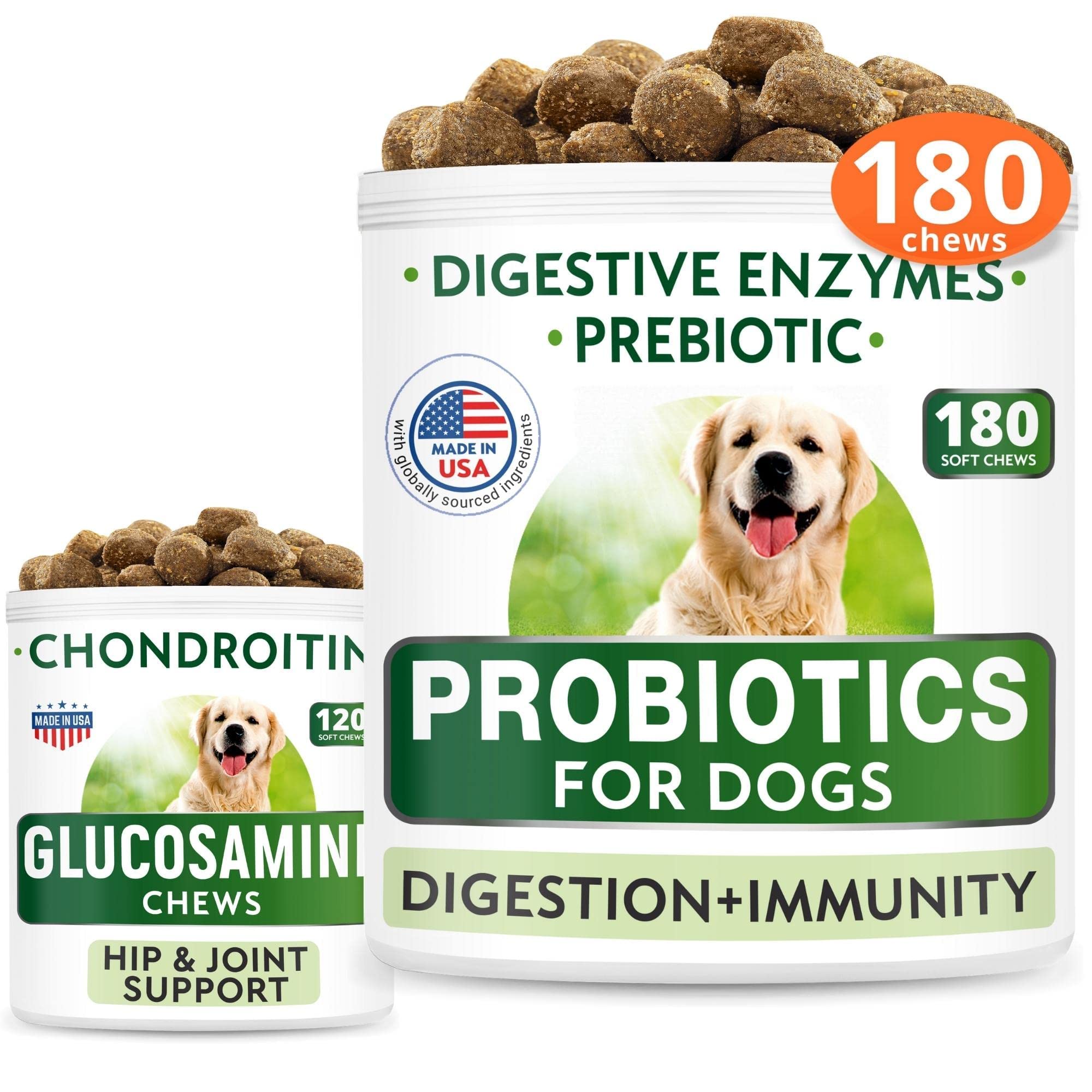 Dog Probiotics Chews + Glucosamine Bundle - Gas, Diarrhea, Allergy, Constipation, Upset Stomach Relief + Hip & Joint Care - Digestive Enzymes + Prebiotics + Chondroitin, MSM, Omega-3 - 300 Soft Chews