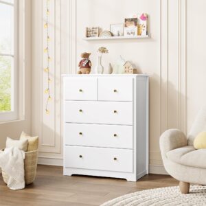 HOUSUIT Dresser with 5 Drawers, Tall Dresser Chest of Drawers, 5 Drawer Dresser with Deep Space, Wood Dresser Storage Cabinet for Living Room, Hallway, Entryway, Office, White