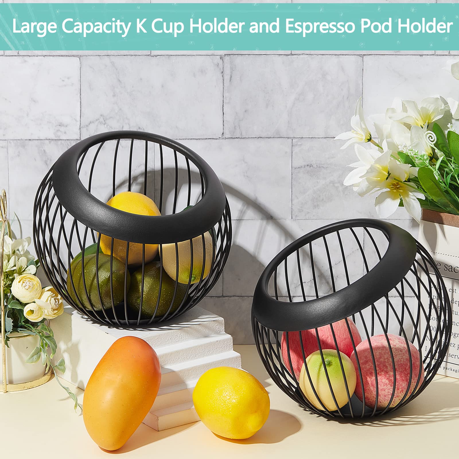 2 Pieces Coffee Pods Holder Large Capacity Coffee Pod Container Stainless Steel Cup Organizer Sturdy for Espresso Capsule Pot Storage Metal Wire Fruit Bowl Snack Storage (Black)