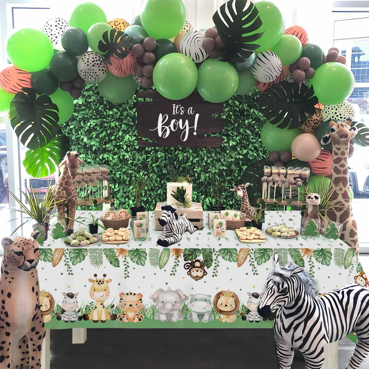 Lopeastar 3Pieces Jungle Safari Tablecloths Animal Print Table Cover, Sage Green Baby Shower Decorations Zoo Birthday Party Supplies for Boys Kids Plastic Table Cloth 108×54 Inch