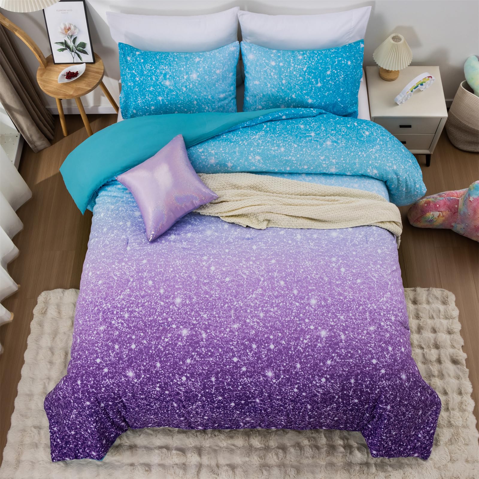 Holawakaka Kids Space Star Glitter Comforter Set Queen Size Girls Ombre Blue & Purple Print Gradient Teens Bedding Set Teens Galaxy Bed Sets (Blue purple, Full)