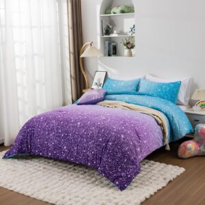 Holawakaka Kids Space Star Glitter Comforter Set Queen Size Girls Ombre Blue & Purple Print Gradient Teens Bedding Set Teens Galaxy Bed Sets (Blue purple, Full)