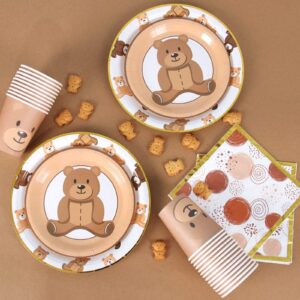 Brown Teddy Bear Baby Shower Plates - Teddy Bear Paper Plates,Disposable Cups,Napkin with Firework Pattern in Golden Border for 24 Teddy Bear Theme Party Supplies ,Baby Shower Wedding Birthday Party